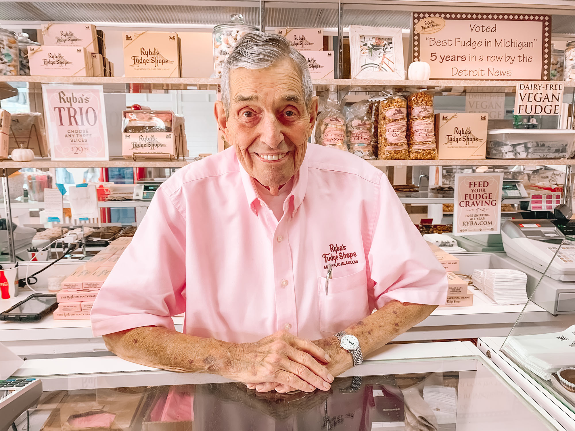 Victor Callewaert at Ryba's Fudge Shop on Mackinac Island
