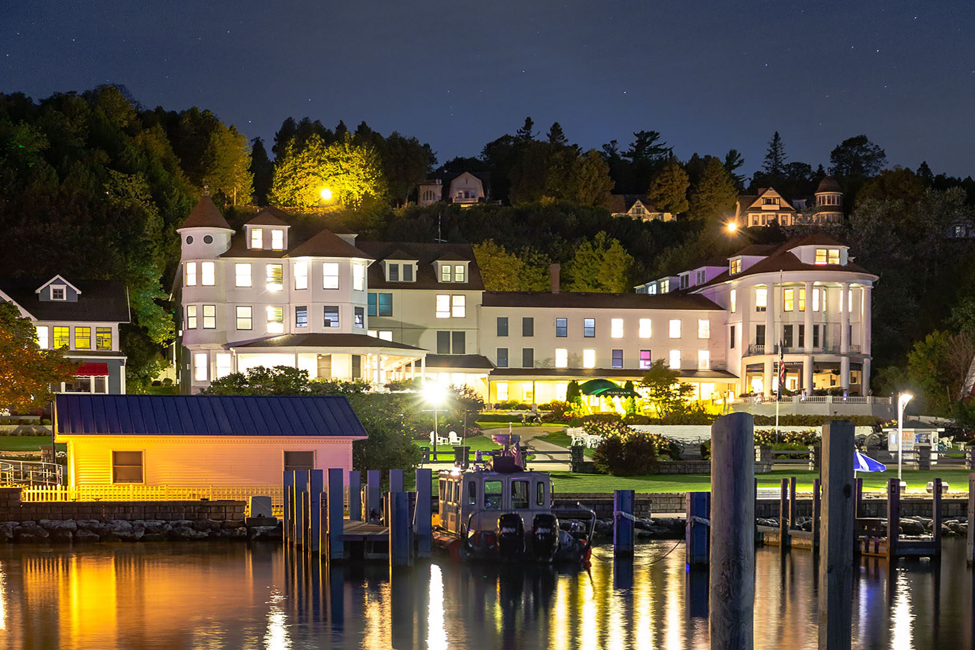 island house hotel from marina at night