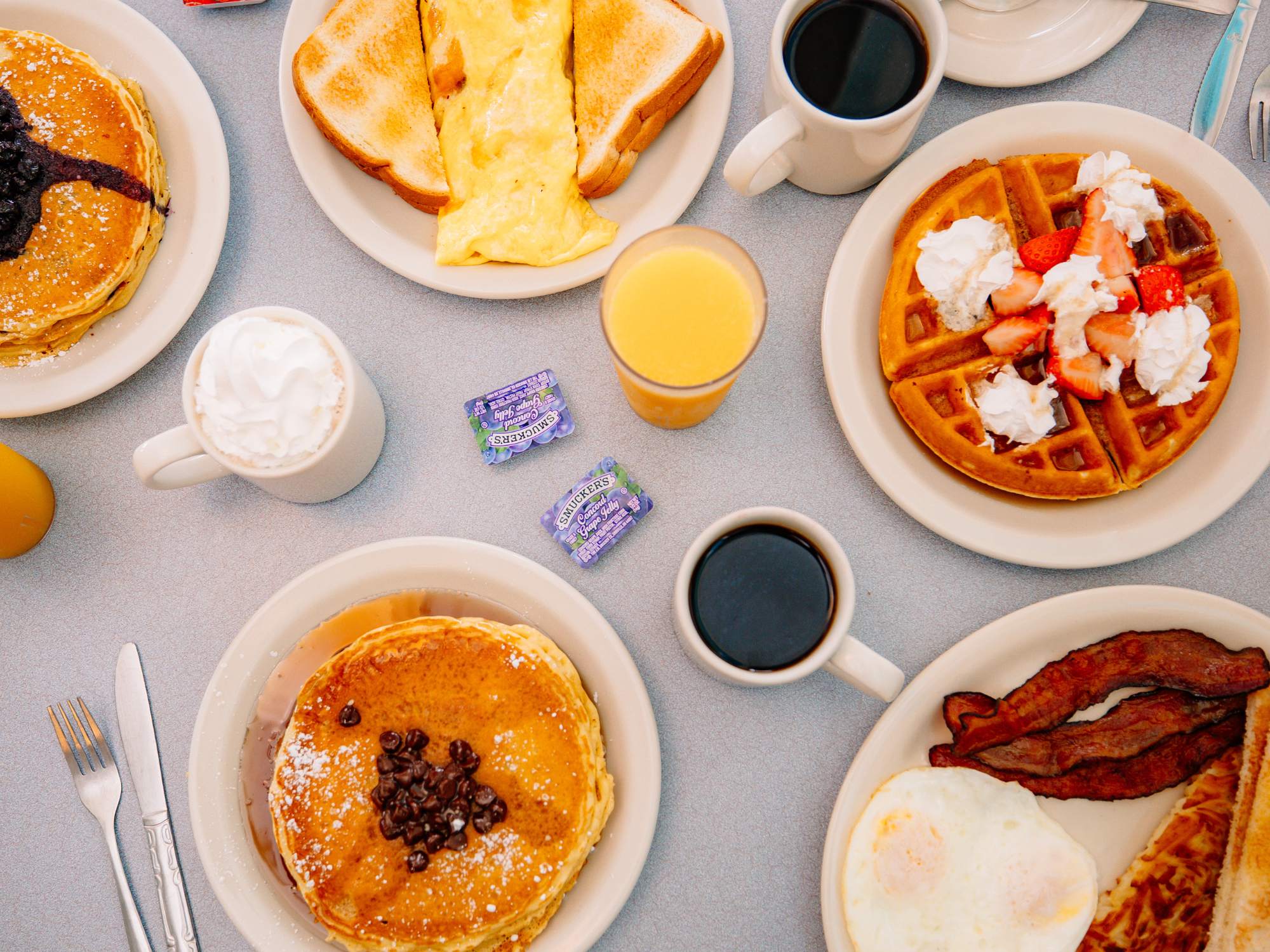 A delicious spread of breakfast specialties at Pancake House on Mackinac Island.