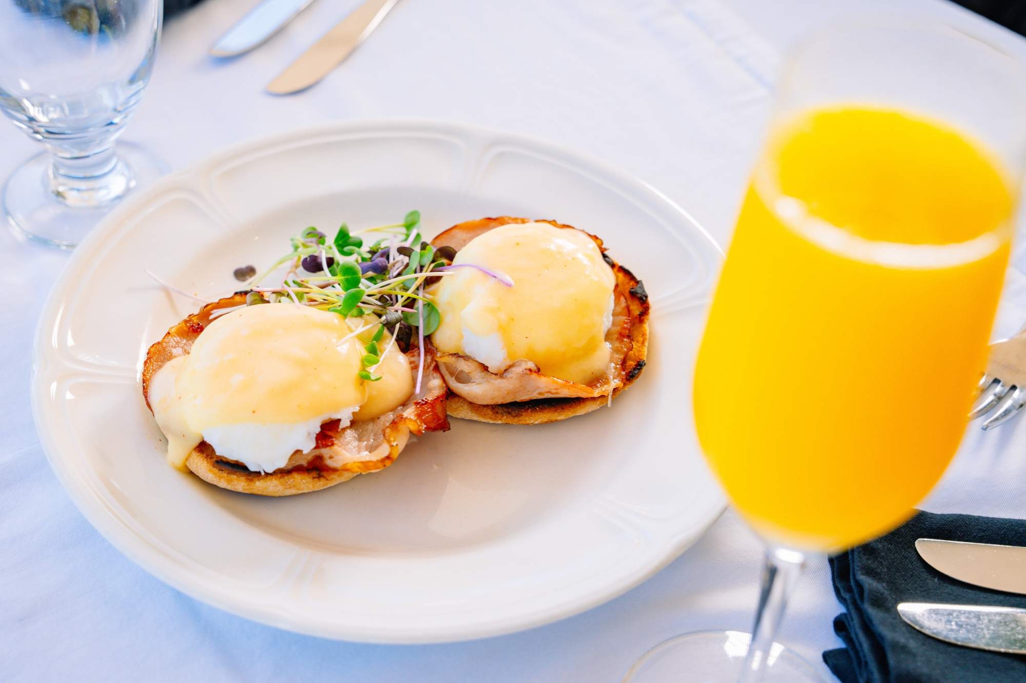 Eggs Benedict and a mimosa at 1852 Grill Room on Mackinac Island.